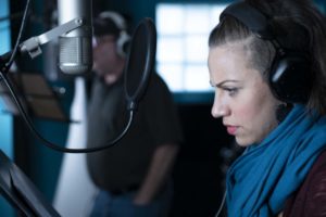 Actor/Singer, Sandi Stock, with Avi Hoffman in recording studio performing “Step Aside” a duet and major number in writer/producer, Jeff Mustard’s production, “Boycott.”